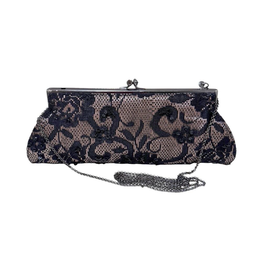 Moyna New York Black Lace Beaded Clutch Kiss Lock Evening Bag Chain Strap Bridal